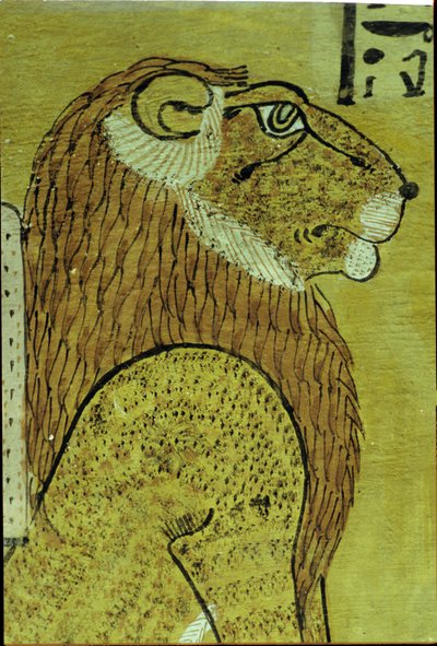 Det gamle Egypten, Vægmaleri, Inherkhaus grav, Theben, En af de to løver, dagens og morgendagens vogtere, 20. dynasti (foto) af School Egyptian
