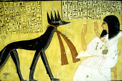 Det gamle Egypten, Vægmaleri Inherkhaus grav, Theben, Adelsgraven, 20. dynasti, Inherkhau tilbeder sjakal-guderne (foto) af School Egyptian