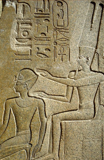 Det gamle Egypten, vægmaleri/ristning, Hatshepsut velsignes af Amon Ra, Karnak-templet, Luxor af School Egyptian
