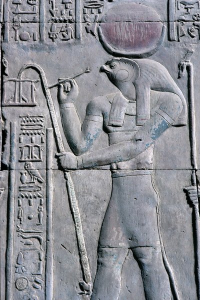 Det gamle Egypten, Vægmaleri/udskæring, Horus skriver på papyrusrulle, Sebek- og Horustemplet, Kom Ombo (foto) af School Egyptian