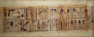 Antik egyptisk kunst Mytologisk Papyrus af Serimen. På toppen: under verdens skabelse er guden Geb (Jorden) adskilt fra gudinden Nout (himlen); guder og genier fra nu af. Nedenfor: Serimen hylder solen, der flyder over med sin ra af School Egyptian