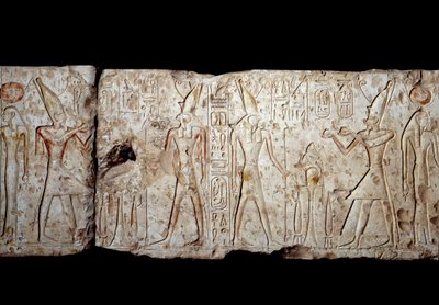 Gammel egyptisk kunst: Ramses II ofrer til Osiris. Lavrelief i kalksten fra Abydos (1279-1213 f.Kr.) 19. dynasti. Nyt imperium. Paris, Musée du Louvre af School Egyptian