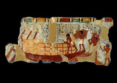 Gammel egyptisk kunst: lastning af korn på et bådmaleri på silt fra Ounous grav (1450 f.Kr.). af School Egyptian