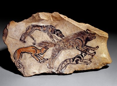 Hunde, der jager hyæne (Stengravering, ca. 1300-1100 f.Kr.) af School Egyptian