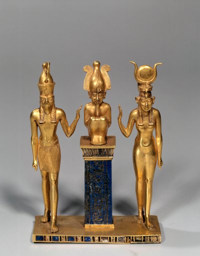 Egyptisk antikvitet: Osirisk triade i navnet Osorkon (Osiris omgiver af Isis og Horus. Guldvedhæng og lapis lazuli (lapis lazuli). 22. dynasti, lavperiode. Paris, Louvre-museet af School Egyptian
