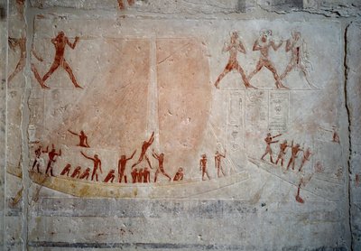 Egyptisk antikvitet: en sejlbåd. Kalkstensrelief fra Kapellet i Mastaba af Akhethetep i Saqqara. 5. dynasti (omkring 2500-2350 f.Kr.) 2300 f.Kr. Paris, Louvre-museet af School Egyptian