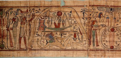 Egyptisk antik allegori af kosmos: mytologisk papyrus af Neskapashouty, regnskabsskriver af korn, der repræsenterer kosmogoni, med Geb, Nout, Nephtys, Osiris. 1070-664 f.Kr. 21. dynasti. Søn 2,7x0,27 m Paris, museum du Louvre af School Egyptian