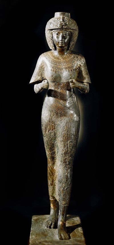 Egyptisk antikvitet: bronzestatue af dronning Karomama, kone til farao Takelot II. 21. dynasti. Paris, Louvre-museet af School Egyptian