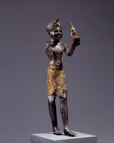 Egyptisk antikvit: Statuette af King (Sethi I?), Der giver Maats tilbud. Sølv- og guldskulptur. Regne af Sethi (1294-1279 f.Kr.). Svag. 19 cm. Paris, Louvre Museum af School Egyptian