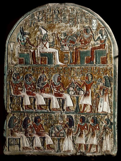 Egyptisk antikvitet: stele af Irynefer, ovenpå guderne Osiris og Anubis overfor Amenophis I og Ahmes Nefertari diviniser; i Irynefer center giver hans kone Mehytkhaty og deres datter Hathor begravelsesofferet til deres forældre, i bunden Hathor voksen af School Egyptian