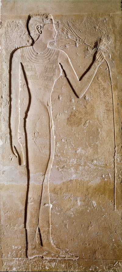 Egyptisk antikvitet: ung kvinde har lotusblomst. Kalksten. 5. dynasti, 2300 f.Kr. Svag. 145 cm Paris, Musée du Louvre af School Egyptian