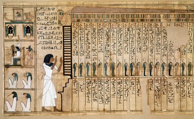 Egyptisk antikvitet: fragment af de dødes bog, papyrus fra Nebqed. Detalje, der repræsenterer den afdødes ankomst i det efterfølgende. 18. dynasti. 1400-1350 f.Kr. Paris, Musee du Louvre - Det gamle Egypten: fragment af de dødes bog, Papyrus af Ne af School Egyptian