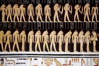 Luxor, Theben: Kongernes Dal, tegning af gud og gudinde på den indre væg i et tempel. af School Egyptian