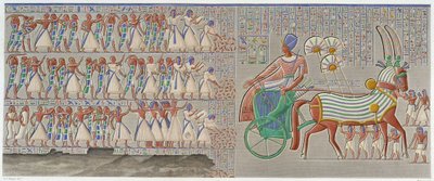 Theben, Medynet-Abu: farvet basrelief, udskåret i det sydlige galleri af paladsets peristyl - i "" Egyptian Antiquites"", T.II af School Egyptian