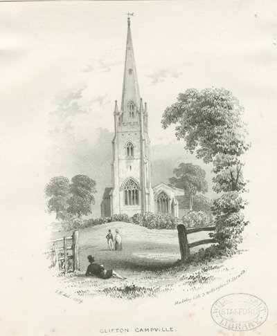 Clifton Campville Church: litografi (vignetteret) af School English