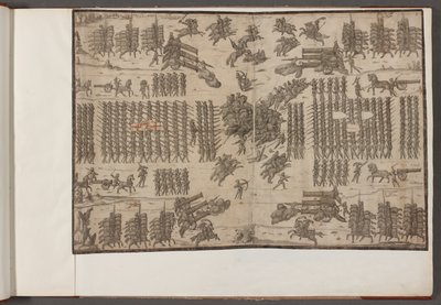 Bomuld Augustus III, f.1 En kamp. Hære i formation.   Tegninger af hære, soldater, heste og seler og andre militærscener.  1500-1650 af School English