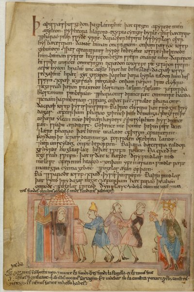 Cotton Claudius B. IV, f.58v En scene, der viser angelsaksisk retfærdighed, illustration fra (vellum) af School English
