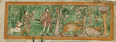 Bomuld MS Tiberius B V/1 f.7 Svin, der græsser, fra en samling af angelsaksisk diverse (vellum) af School English