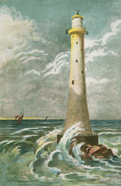 Eddystone Lighthouse ud for Plymouth (farve litho) af School English