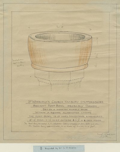 Hanbury Church - Ancient Font Bowl: tracing, nd [1933] (tegning) af School English
