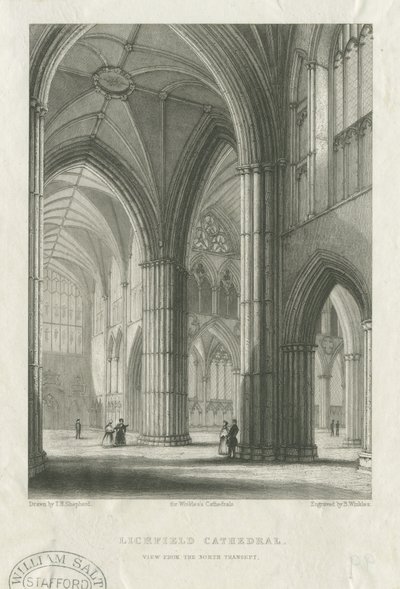Interiør af Lichfield Cathedral - Krydsning fra det nordlige tværskib: gravering, nd [midten af det 19. århundrede] (tryk) af School English