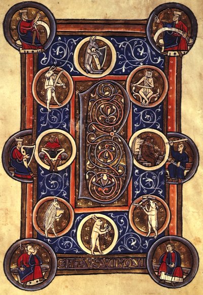 Lansdowne 420 fol.12v Salme I med beboet initial 