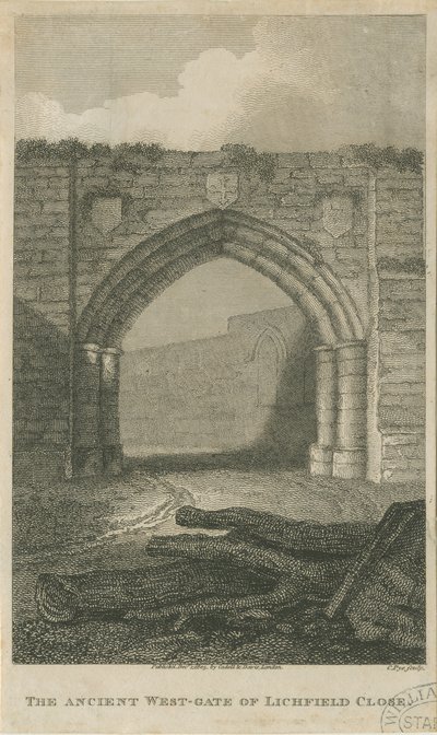 Lichfield - Ancient West Gate of The Close: gravering, nd [c 1805] (print) af School English
