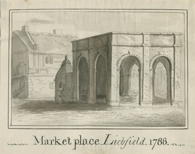 Lichfield - Market Place: sepia vask tegning af School English
