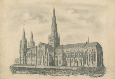 Lichfield Cathedral - South East View: gravering og [?19. århundrede] (tryk) af School English