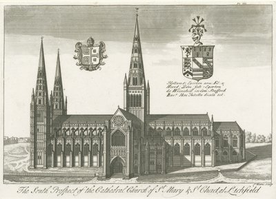 Lichfield Cathedral - South View: gravering og [?begyndelsen af det 18. århundrede] (tryk) af School English