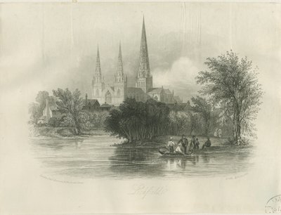 Lichfield Cathedral - South West View: gravering (vignetteret), nd [c 1842] (print) af School English