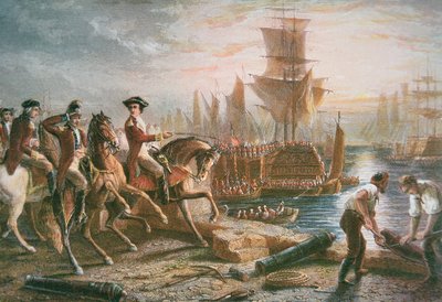 Lord Howe organiserer den britiske evakuering af Boston i marts 1776 (farvegravering) af School English