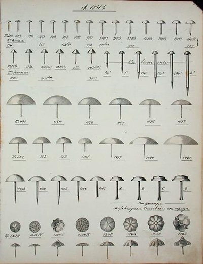 Søm, stifter og stifter, fra et handelskatalog over husholdningsartikler og tilbehør, ca. 1890-1910 (litho) af School English