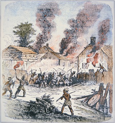 Nipmuc-indianere angriber bosættelsen Brookfield, Massachusetts i august 1675 (farvet indgravering) af School English