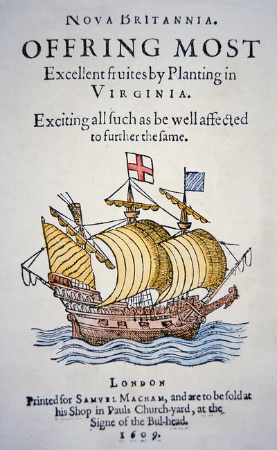 Pjece, der opfordrer kolonister til at tage til Virginia i Amerika, udgivet i 1609 (farve litho) af School English