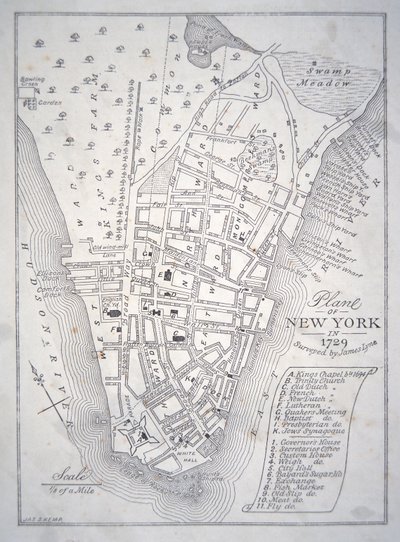 Plan over New York i 1729 (litho) af School English