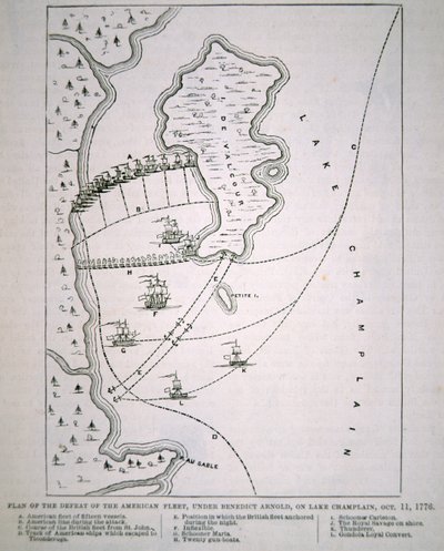 Plan for nederlaget for den amerikanske flåde ved Champlain-søen (litho) af School English