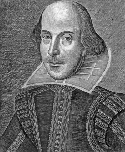 Portræt af William Shakespeare, indgraveret af Martin Droeshout (c.1560-c.1642) af School English