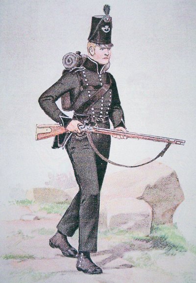 Menig fra 95th Rifles, ca. 1810, bevæbnet med Baker Rifle, designet af Ezekiel Baker fra London (farve litho) af School English