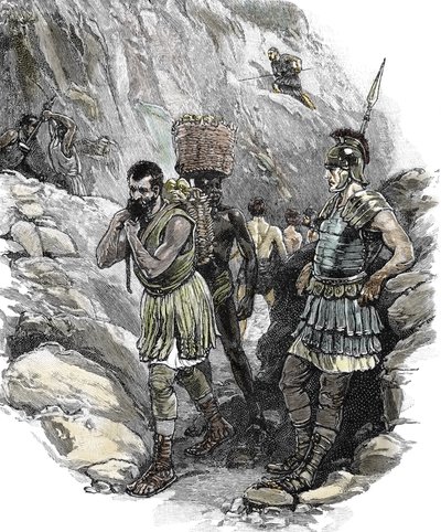 Romersk legionær overvåger angelsaksiske arbejdere i en tinmine, England 50 e.v.t. (print) af School English