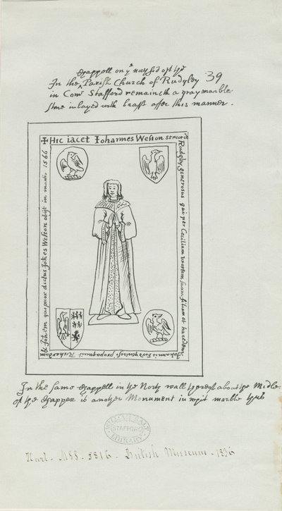 Rugeley Church (gamle) - Monument til John Weston: pen- og blæktegning af School English