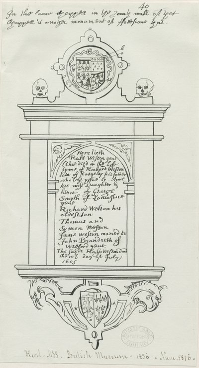 Rugeley Church (gammel) - Monument til Rafe Weston: pen- og blæktegning af School English