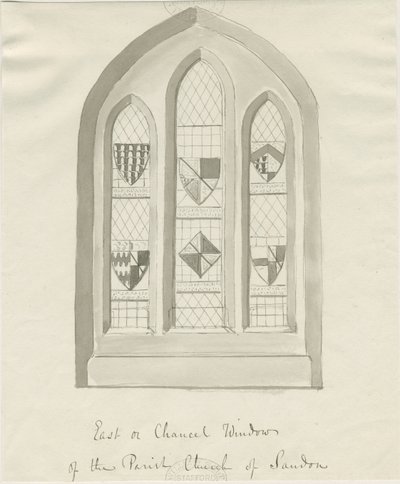 Sandon Church - East window of Chancel: sepia vask tegning, nd [?18th cent] (tegning) af School English