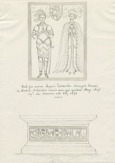 Sandon Church - Tomb of Hugh Erdeswicke og Cecilia [Bassett]: pen- og blæktegning, nd [?18. århundrede] (tegning) af School English