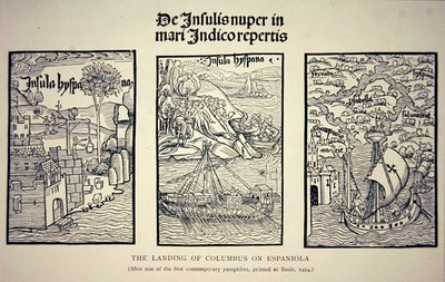 Columbus landgang på Espaniola efter en samtidig pjece udgivet i Basel i 1494 (litho) af School English