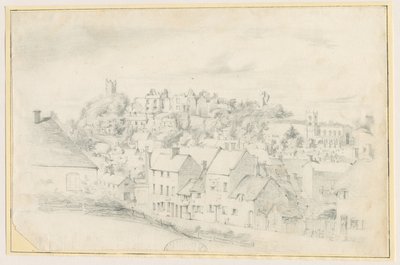 Tutbury - By, Kirke og Slot: blyantstegning, nd [?1800-tallet] (tegning) af School English