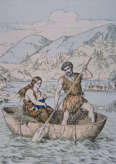 Gamle gallere i Coracle-type båd (farve litho) af School French