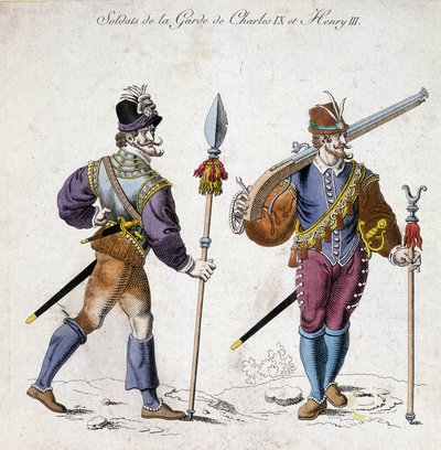 Kostumer af soldater fra garten af Charles IX (1550-1574) og Henrik III (1574-1589). af School French