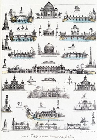 Facade af forskellige bygninger dedikeret til fremstilling af havepynt. af School French