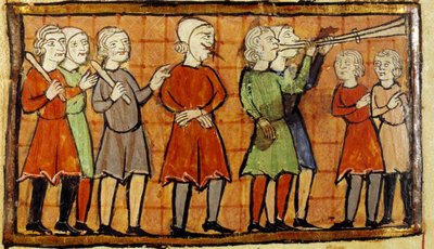 Falskt vidne med gennemboret tunge fordømmer at vandre i byens gader forud for miniaturetrompetister fra Citeaux-manuskriptet. Angers, Kommunebibliotek af School French